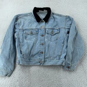 Vtg Bill Blass Denim Jacket Womens M CROP FIT Black Velvet Collar Trucker 90s